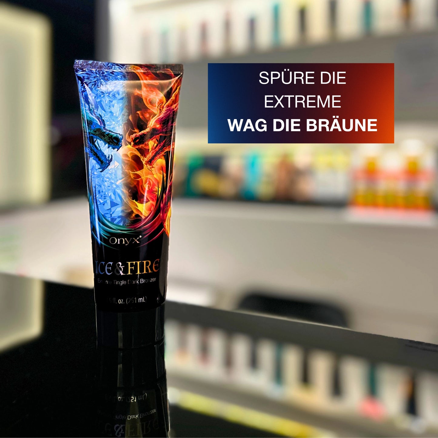 Werbebild Onyx Ice & Fire mit Slogan „Spüre die Extreme – Wag die Bräune