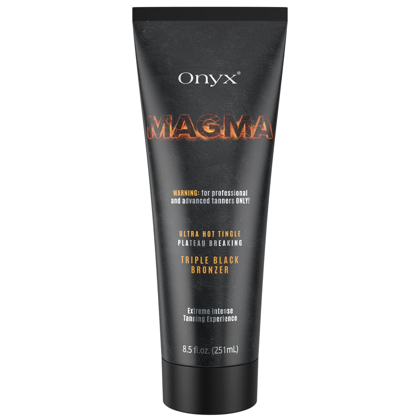 Freigestelltes Produktbild der Onyx Magma Tingle Bräunungslotion mit schwarzem Design, Lava-Schriftzug und Warnhinweis für fortgeschrittene Nutzer