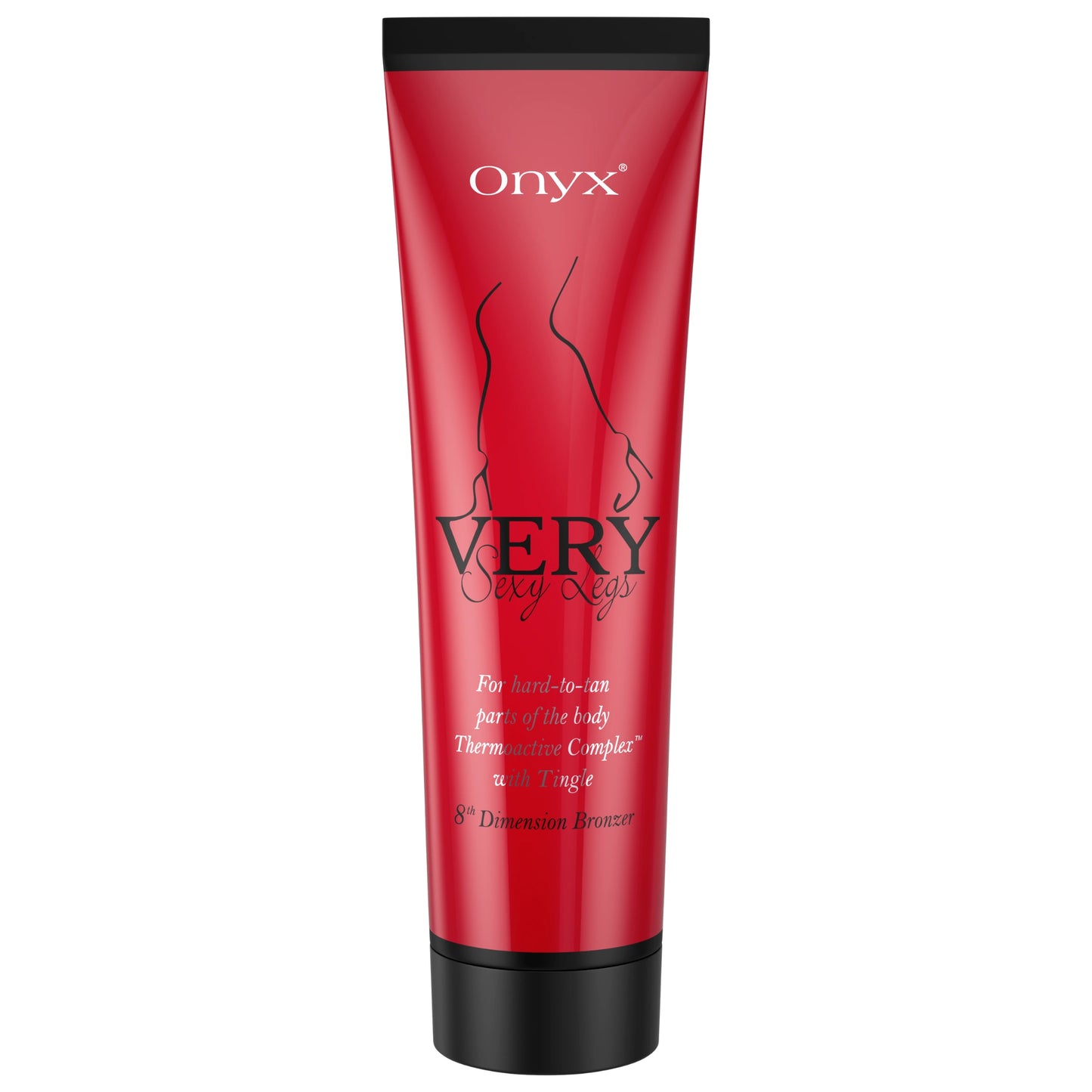 Produktabbildung der Onyx Very Sexy Legs Bräunungslotion mit Tingle-Effekt für hartnäckig zu bräunende Hautbereiche, in roter Tube mit schwarzem Deckel