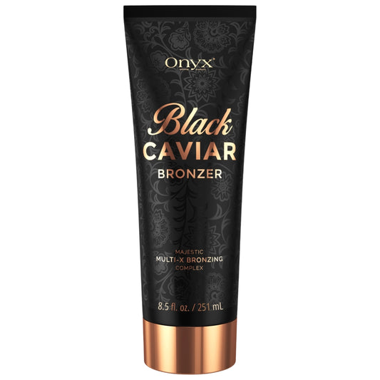 Freigestelltes Produktfoto der Onyx Black Caviar Bräunungslotion 251ml mit schwarzem Musterdesign und kupferfarbener Kappe