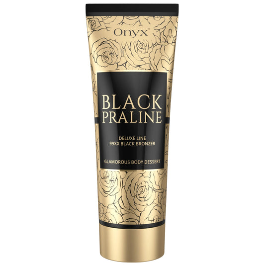 Produktbild der Onyx Black Praline Bräunungslotion in goldschwarzer Tube mit floralem Muster