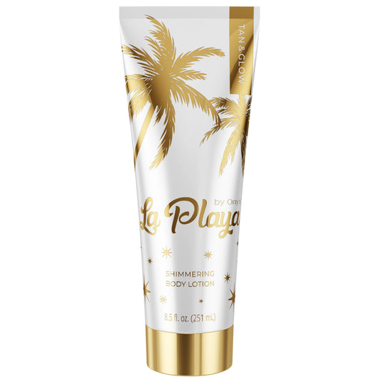 Onyx La Playa Glow Schimmer Bodylotion Produktverpackung mit goldenen Palmen und elegantem Design