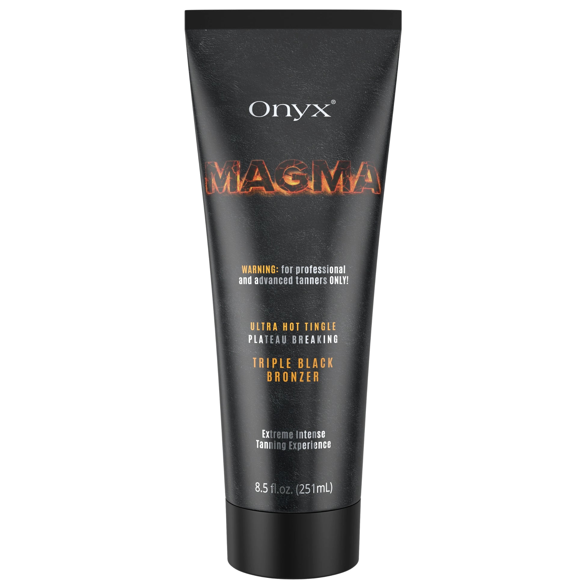 Freigestelltes Produktbild der Onyx Magma Tingle Bräunungslotion mit schwarzem Design, Lava-Schriftzug und Warnhinweis für fortgeschrittene Nutzer