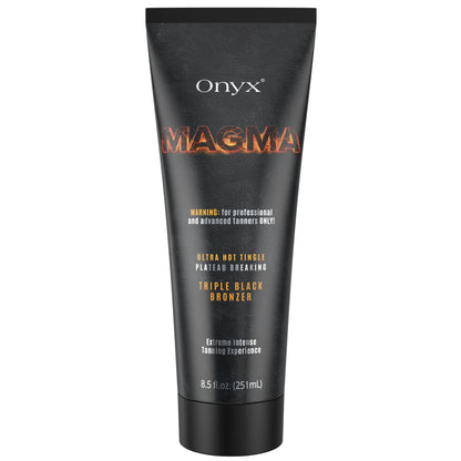 Freigestelltes Produktbild der Onyx Magma Tingle Bräunungslotion mit schwarzem Design, Lava-Schriftzug und Warnhinweis für fortgeschrittene Nutzer