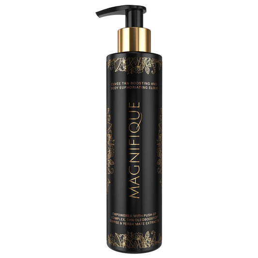 Produktfoto von Onyx Magnifique Bräunungselixier mit goldener Pumpe auf weißem Hintergrund – luxuriöse Verpackung für Solarium oder Außenbereich
