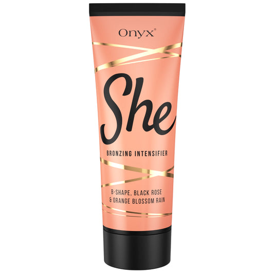 Onyx She Bräunungslotion in roségoldener Tube mit goldenen Linien, speziell für Frauen entwickelt, bronzefarbene Intensivpflege für Sonnenbank oder draußen