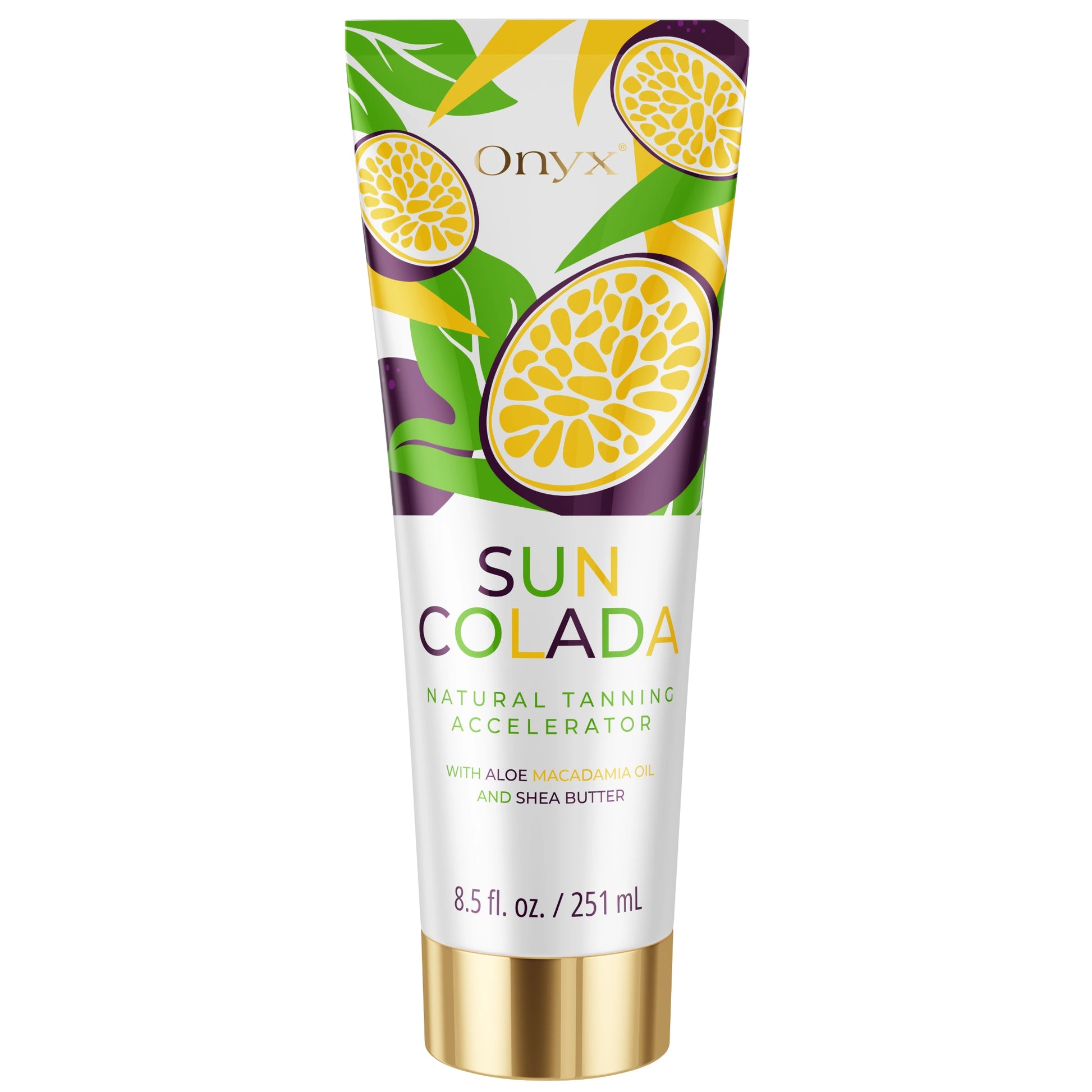 Close-up of woman holding Onyx Suncolada tanning lotion during sunbathing, designed for safe UV bed and sun tanning with natural ingredients and no bronzer