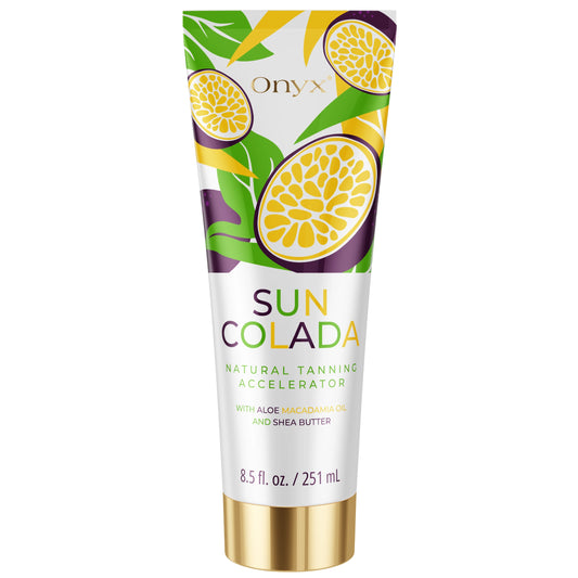 Close-up of woman holding Onyx Suncolada tanning lotion during sunbathing, designed for safe UV bed and sun tanning with natural ingredients and no bronzer
