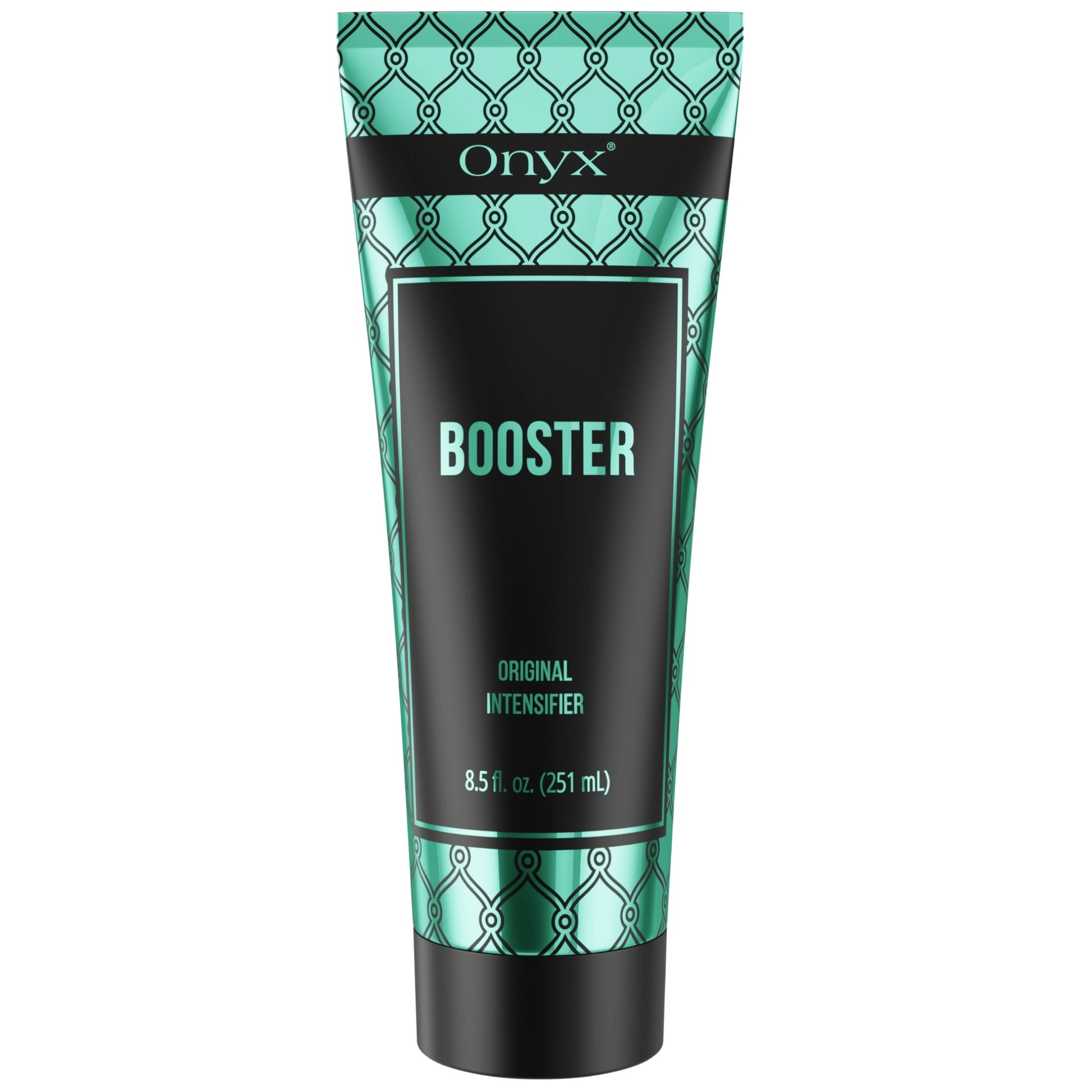 Onyx Tanning Booster Bräunungslotion 251 ml in türkis-schwarzem Design, freigestellt auf weißem Hintergrund zur Darstellung des Produkts