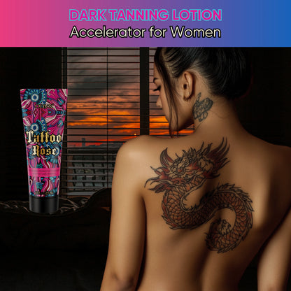 Onyx Tattoo Rose dark tanning bronzer for women shown with dragon back tattoo and sunset background, tanning bed and outdoor use