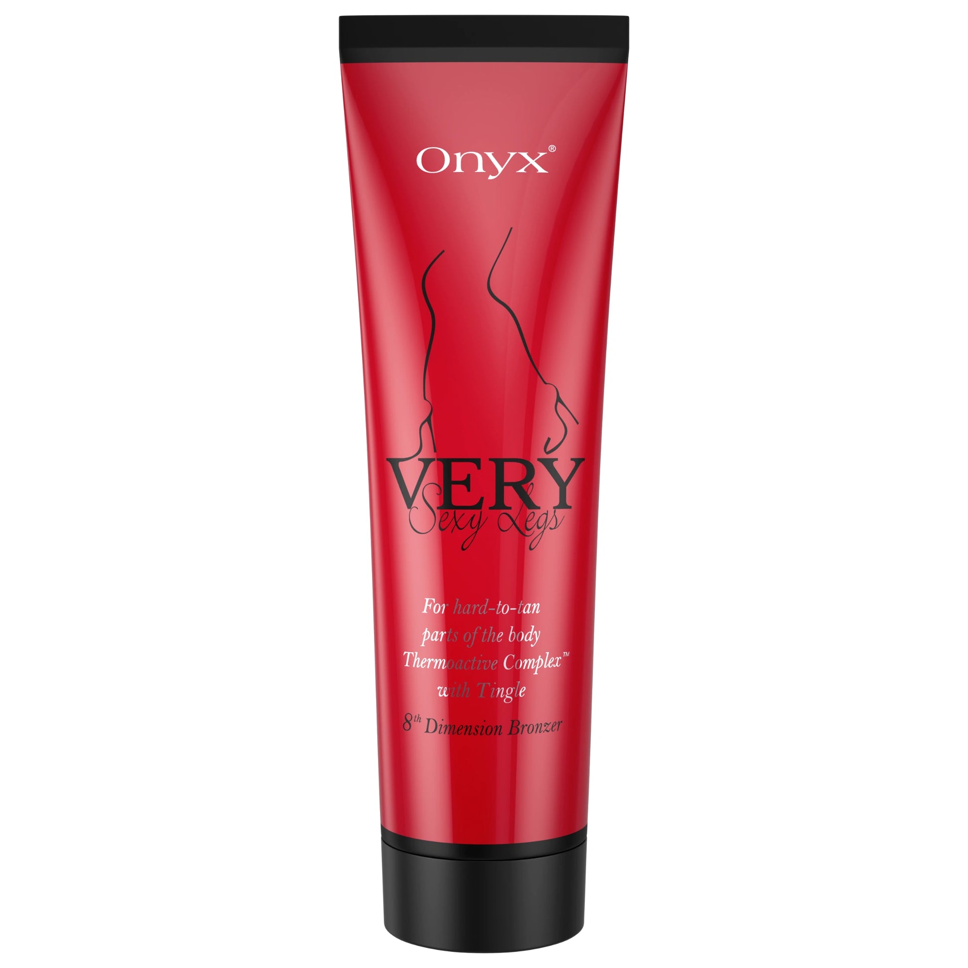 Produktabbildung der Onyx Very Sexy Legs Bräunungslotion mit Tingle-Effekt für hartnäckig zu bräunende Hautbereiche, in roter Tube mit schwarzem Deckel