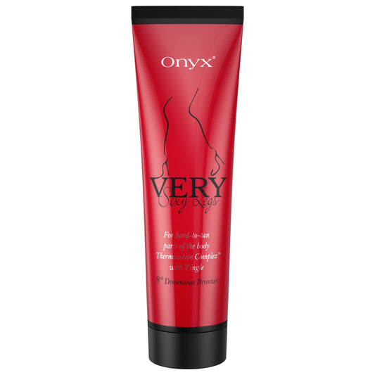 Produktabbildung der Onyx Very Sexy Legs Bräunungslotion mit Tingle-Effekt für hartnäckig zu bräunende Hautbereiche, in roter Tube mit schwarzem Deckel