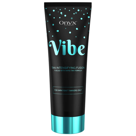 Produktabbildung der Onyx Vibe Tanning Lotion mit türkisfarbenem Design – beschleunigende Bräunungslotion für Sonnenbanknutzerinnen, ideal für schnelle, intensive Bräune ohne Bräunungsstreifen